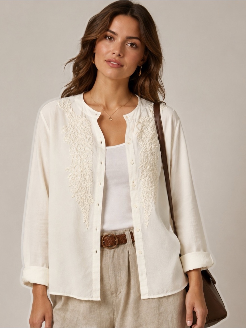 Cream Embroidered Button-Front Blouse
